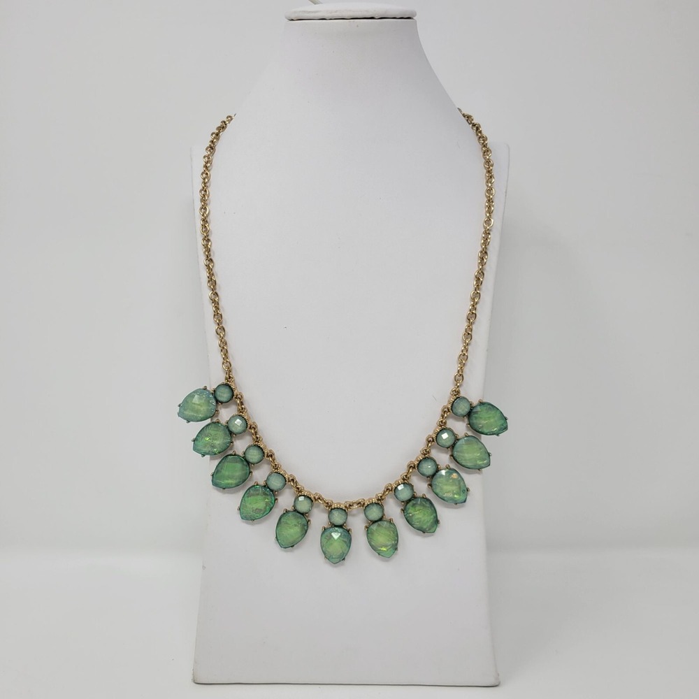Green & Gold Statement Necklace With Teardrop & Round Faux Gemstones On‎ Chain